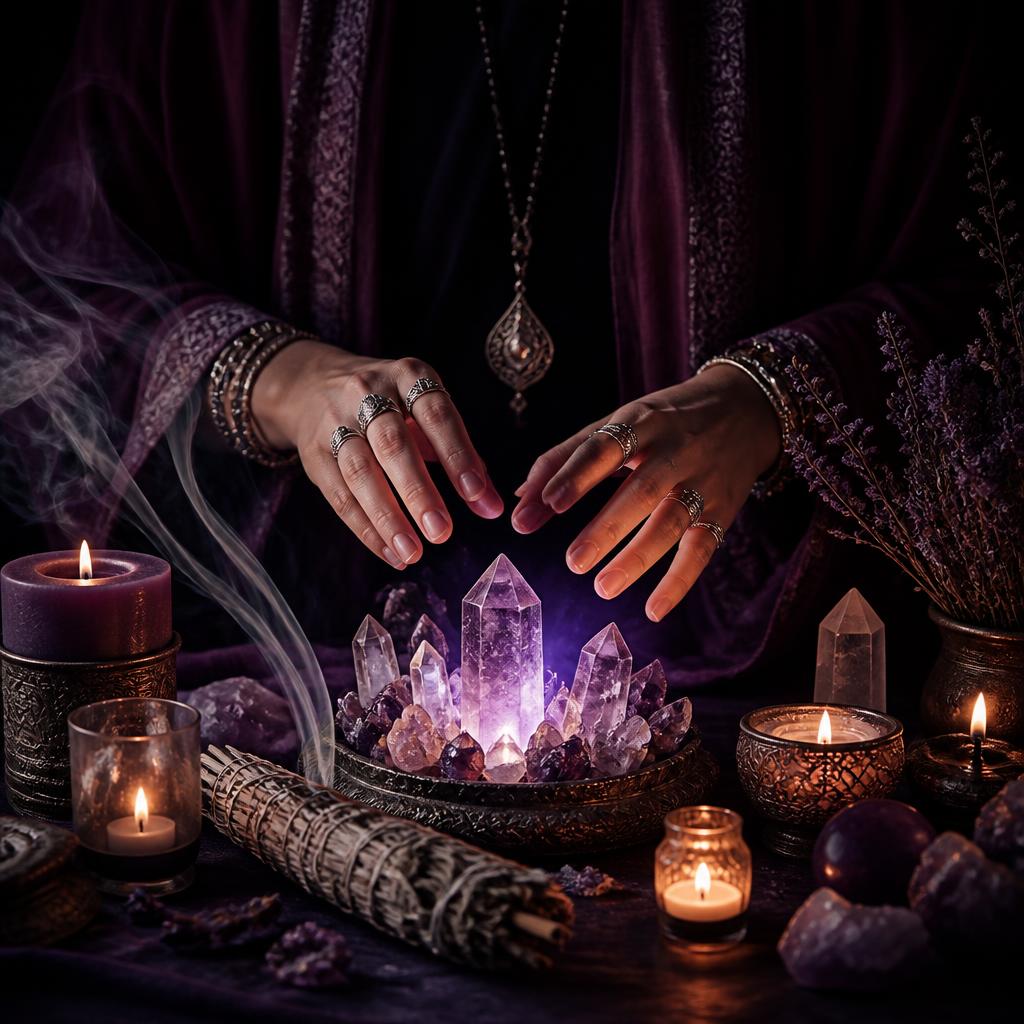 Healing hands over glowing amethyst crystals