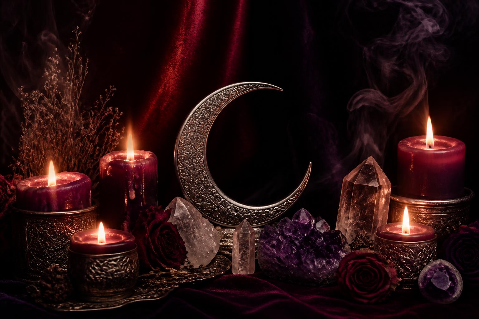 Mystical altar with candles, crystals, and a silver crescent moon