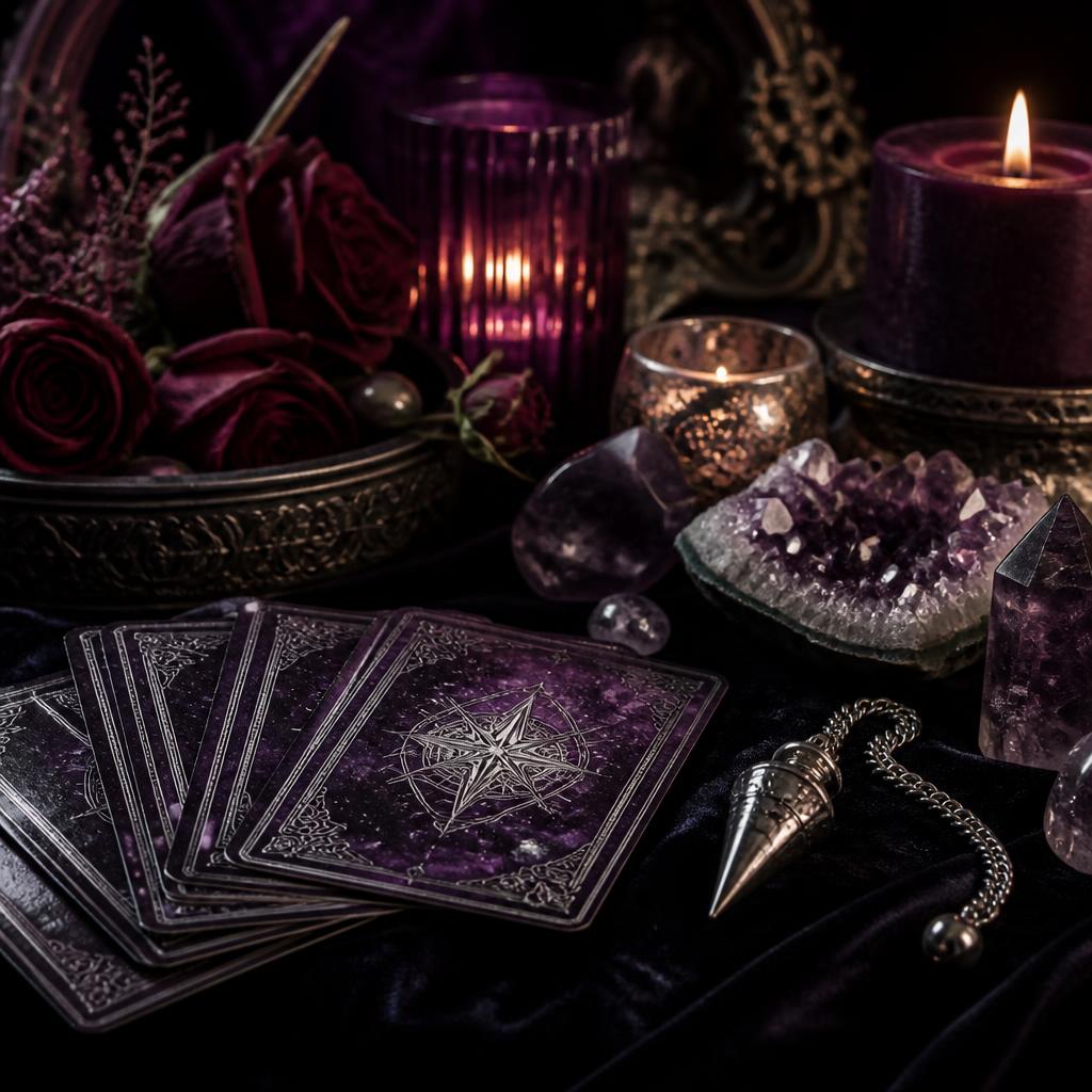 Tarot cards, crystals, and a silver pendulum on black velvet